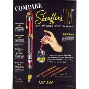 1952 Sheaffer's TM Touchdown Plus Pen Vintage Print Ad Skrip Ink 50s Wall Art